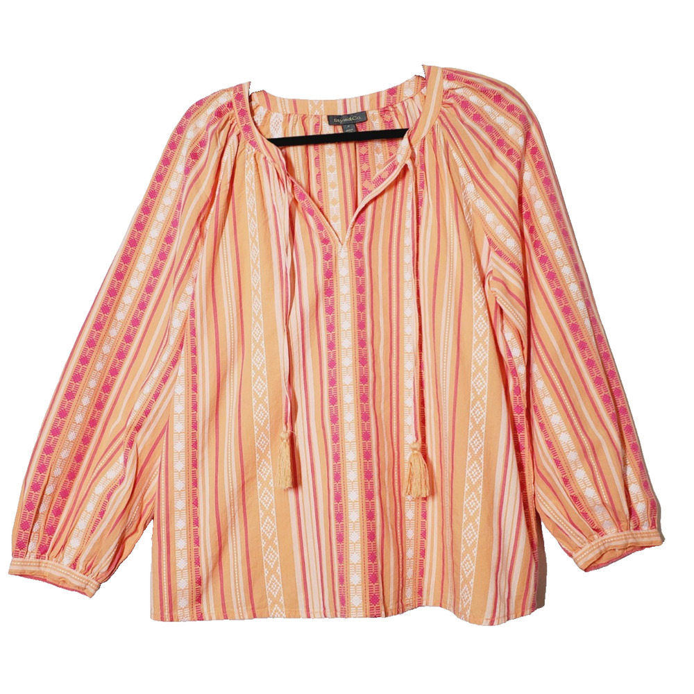 Style & Co Womens Top Medium Peasant Boho Bohemian‎ Embroidered Orange Tassels
